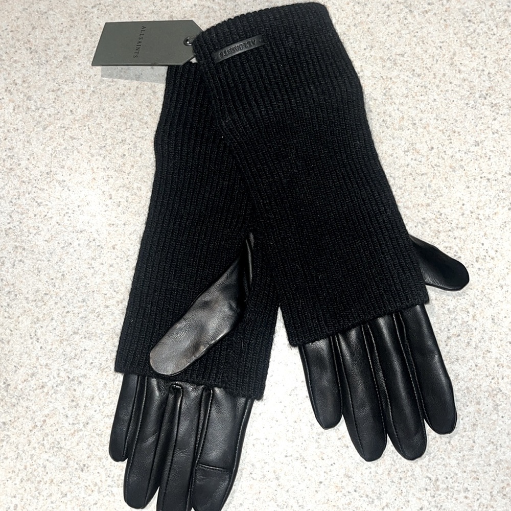 ALL SAINTS~ Zoya Extendable Knit Cuff Leather Gloves